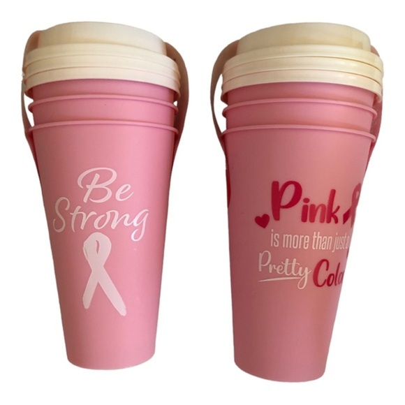 6pc pink Breast Cancer Awareness reusable lidded to-go microwaveable coffee cups - Picture 1 of 9
